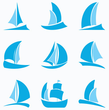 Set of blue sailboat icons on white background. Vector illustration.