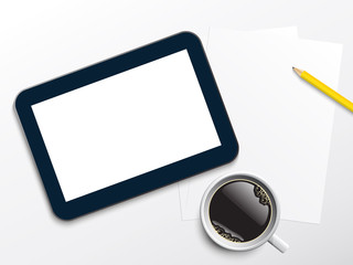 BLANK TABLET Icon with Coffee Cup, Pencil and Paper
