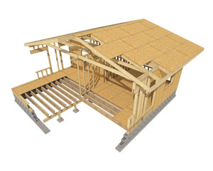 three-dimensional image of a wooden frame house. Cartoon conceptual image