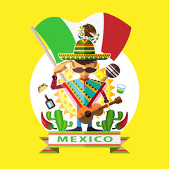 Mexico Independence Day
Illustration Of Mexican Man Mariachi Salute To Mexico National Flag With Background Of Mexican Iconic Culture
