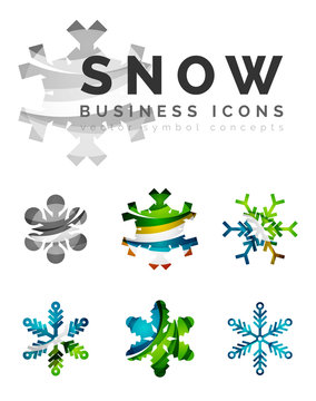 Set of abstract colorful snowflake logo icons, winter concepts