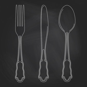 Vector hand drawn illustration with cutlery set. Sketch. Vintage illustration. Chalkboard background