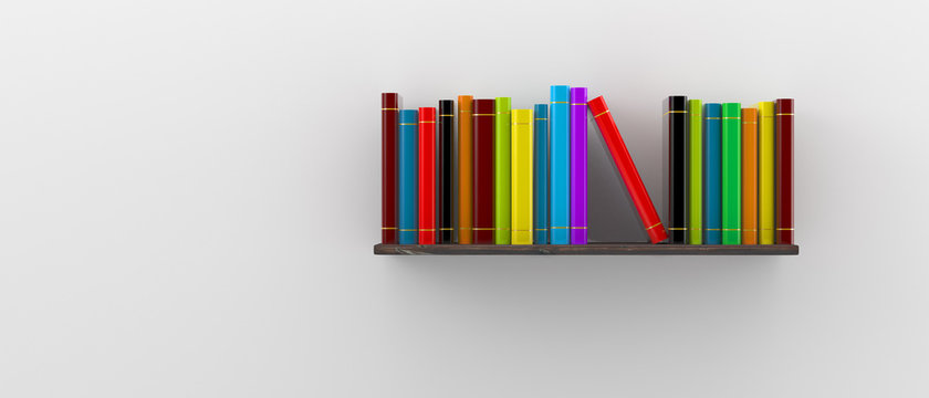 books on a wooden shelf on white wall concept of education