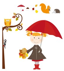 dziewczynka z parasolką i elementy jesienne / wektory