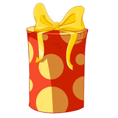 Yellow bow and circles on round wrapped cylinder gift box. Holiday present raster illustration.