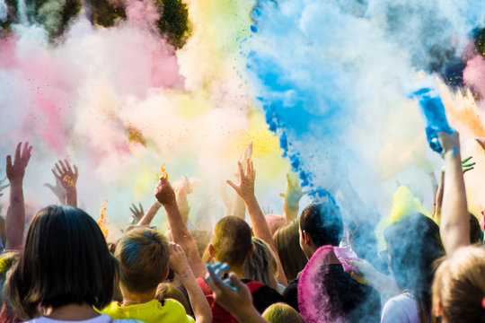 Celebrants Dancing During The Color Holi Festival