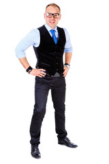 Fototapeta premium Full body portrait of young casual man in suit and tie with glasses smiling, hands on hips, isolated on white, Positive human emotion, facial expression