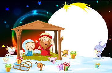 Nativity in Bethlehem with animals - Christmas vector oval frame illustration
