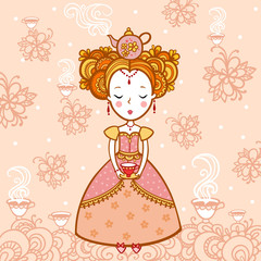 Young woman with a cup of tea and teapot. The Princess of the dreams in the clouds with a Cup of coffee. tea time.