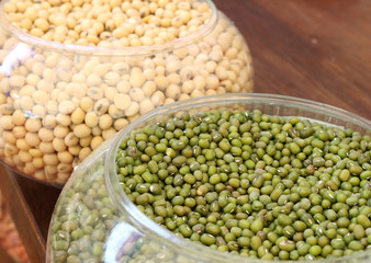 green beans on wood background