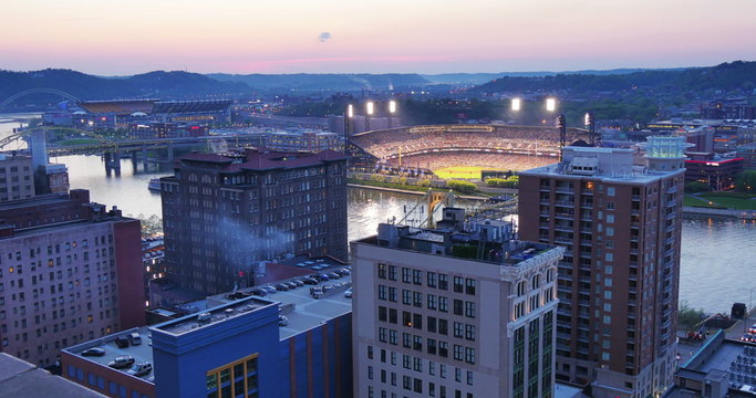 Day to Night Timelapse View over Pittsburgh North Shore and PNC Park