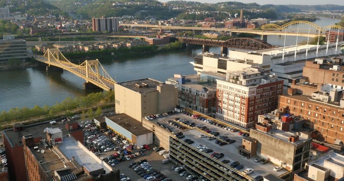 High Angle Establishing Shot of Pittsburgh at Dusk
