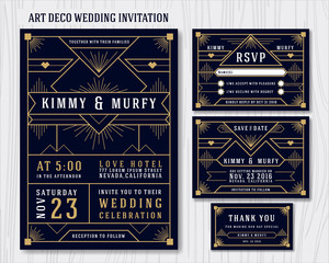 Art Deco Wedding Invitation Design Template. Include RSVP card, Save the date card, thank you tags. Classic Premium Vintage Style Frame Vector illustration.