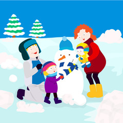 A picture of a family making a snowman outside in the winter.