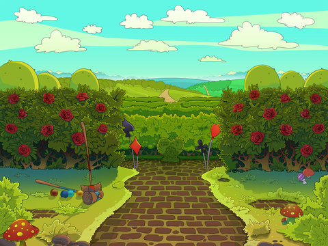 Croquet court with red roses, green garden with a paved road illustration. Raster image drawn in a cartoon style.