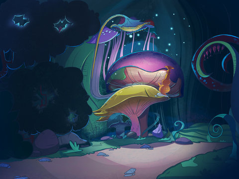 Colorful big magic mushrooms in the forest at night. Fairy tale cartoon stylish raster illustration.