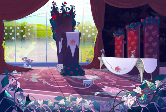 Queen's palace interior, court, jury. Fairy tale cartoon stylish raster illustration.