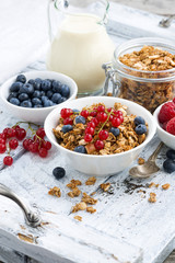 muesli and fresh berries on white wooden background, vertical