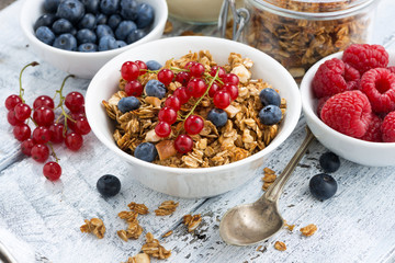 muesli and fresh berries on white wooden background
