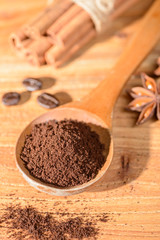 coffee powder in the wooden spoon