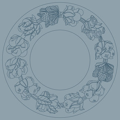 Round ornament, wreath made of hand drawn leaves and fruits. Horn of plenty. Fruits and vegetables arranged on a circle. Vector medallion