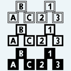 Alphabet cubes with A,B,C letters and numerals. Isolated on blue background