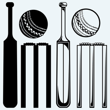 Set equipment for cricket. Cricket bat and ball. Isolated on blue background