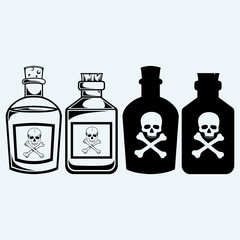 Glass bottles of poison. Isolated on blue background