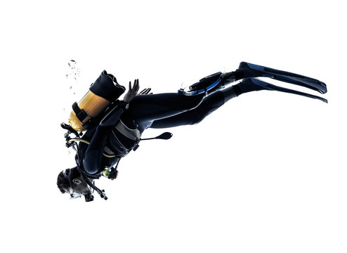 man scuba diver diving silhouette isolated