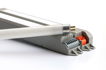 Fluorescent T5 light, and Electronic BallasTubes on White Background, fluorescent, lamps, Bulb. Caused by heat Until the end of its It has a black recycling, electrical, fluorescent, lamps, tubes..