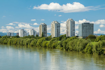 Fototapeta premium River Sava and Zagreb modern skyline, summer midday 