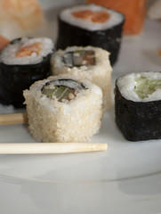 Different japanase sushi rolls with chopstic