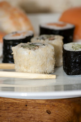 Different japanase sushi rolls with chopstic
