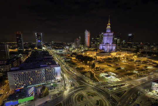 Warsaw downtown at night aerial view, Poland