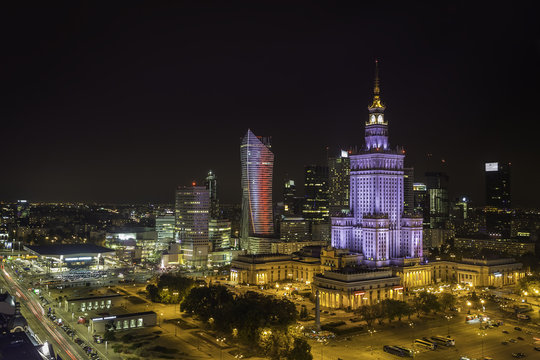 Fototapeta Warsaw downtown at night aerial view, Poland