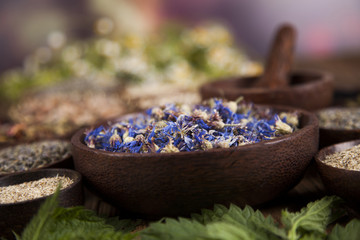 Natural remedy, mortar and herbs