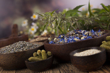 Natural medicine, herbs, mortar