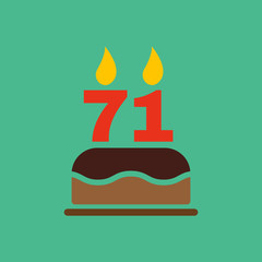 The birthday cake with candles in the form of number 71 icon. Birthday symbol. Flat