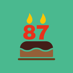The birthday cake with candles in the form of number 87 icon. Birthday symbol. Flat