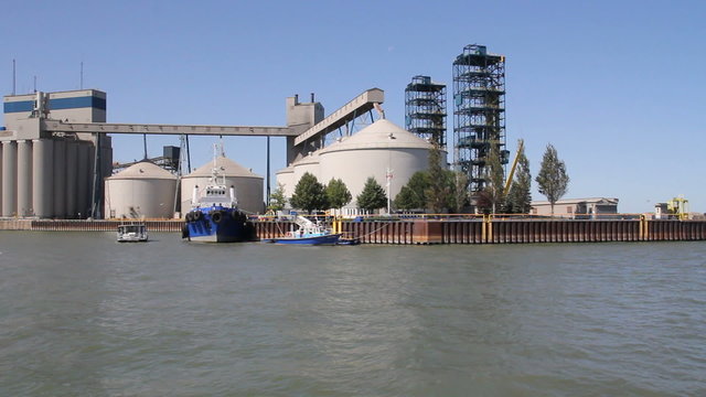 Sorel-Tracy, Canada -September 4, 2015: Grain silo port on St-Lawrence river at daytime