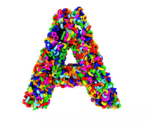 The letter A consists of numbers. Colored letters on a white background. 3D render.