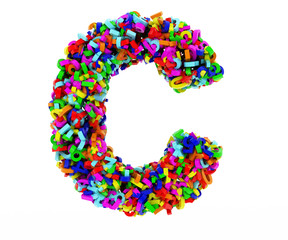The letter C consists of numbers. Colored letters on a white background. 3D render.