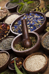 Natural remedy, mortar and herbs