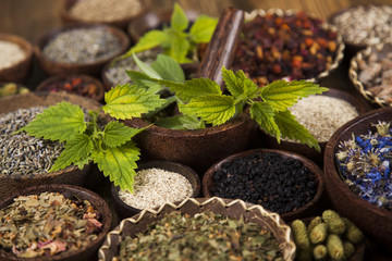 Natural remedy,Herbal medicine and wooden table background