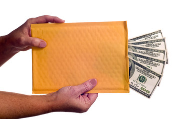 Envelope With Cash Sticking Out/ Hands Holding Envelope with Cash Isolated