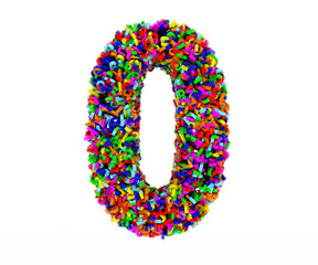 The symbol consists of 0 numbers. Colored letters on a white background. 3D render.