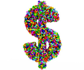 The symbol consists of $ numbers. Colored letters on a white background. 3D render.