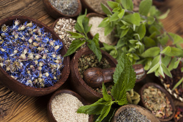 Assorted natural medical, herbs and mortar