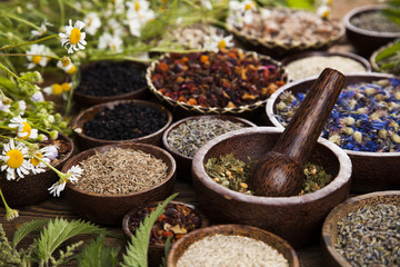 Alternative medicine, dried herbs background