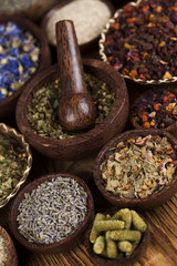 Natural remedy, mortar and herbs